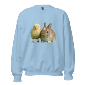 Light blue unisex crew neck sweatshirt with chick and bunny graphic on front