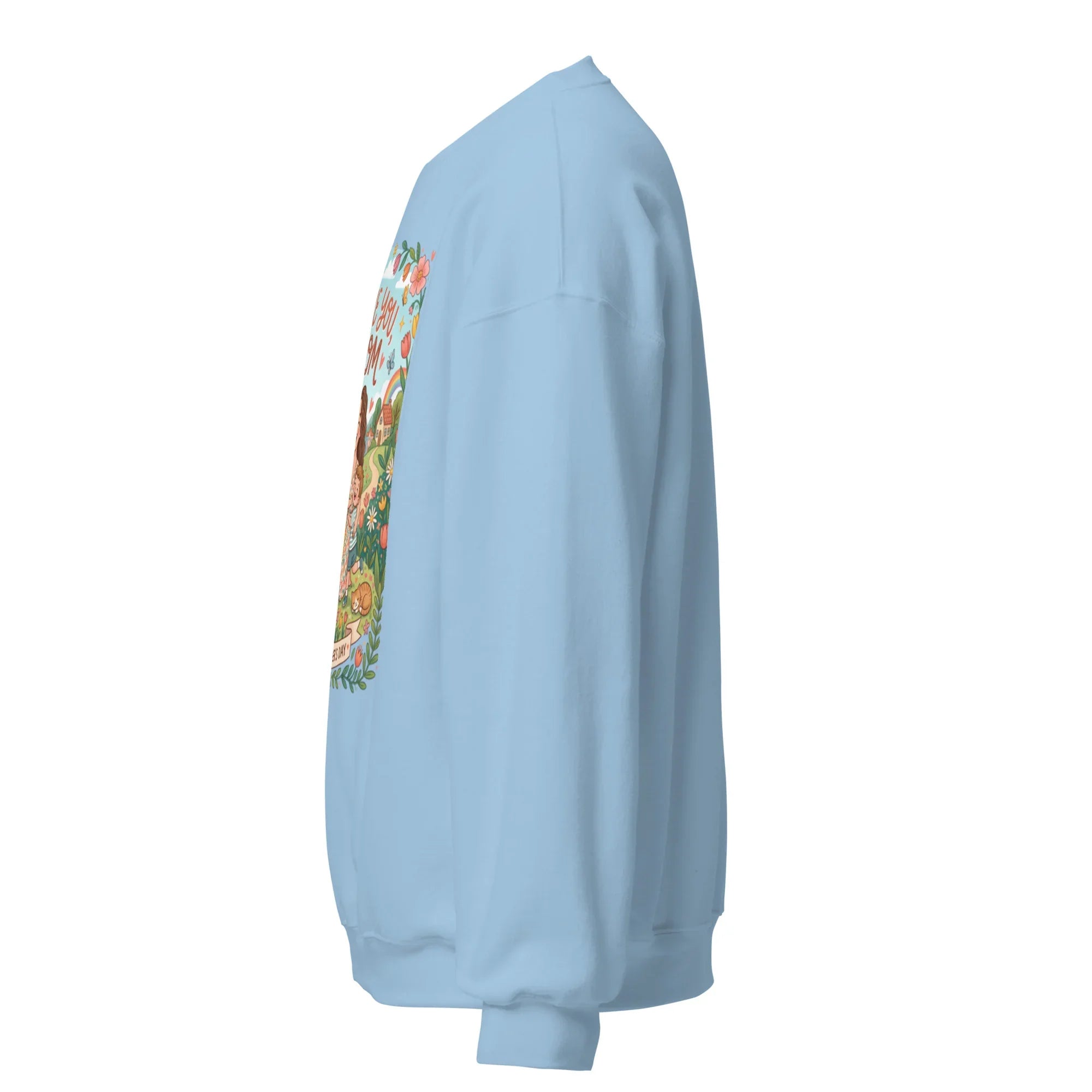 Light blue unisex crew neck sweatshirt with colorful graphic on front, side view