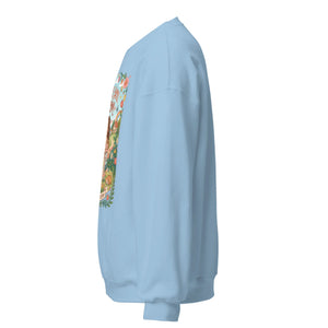 Light blue unisex crew neck sweatshirt with colorful graphic on front, side view