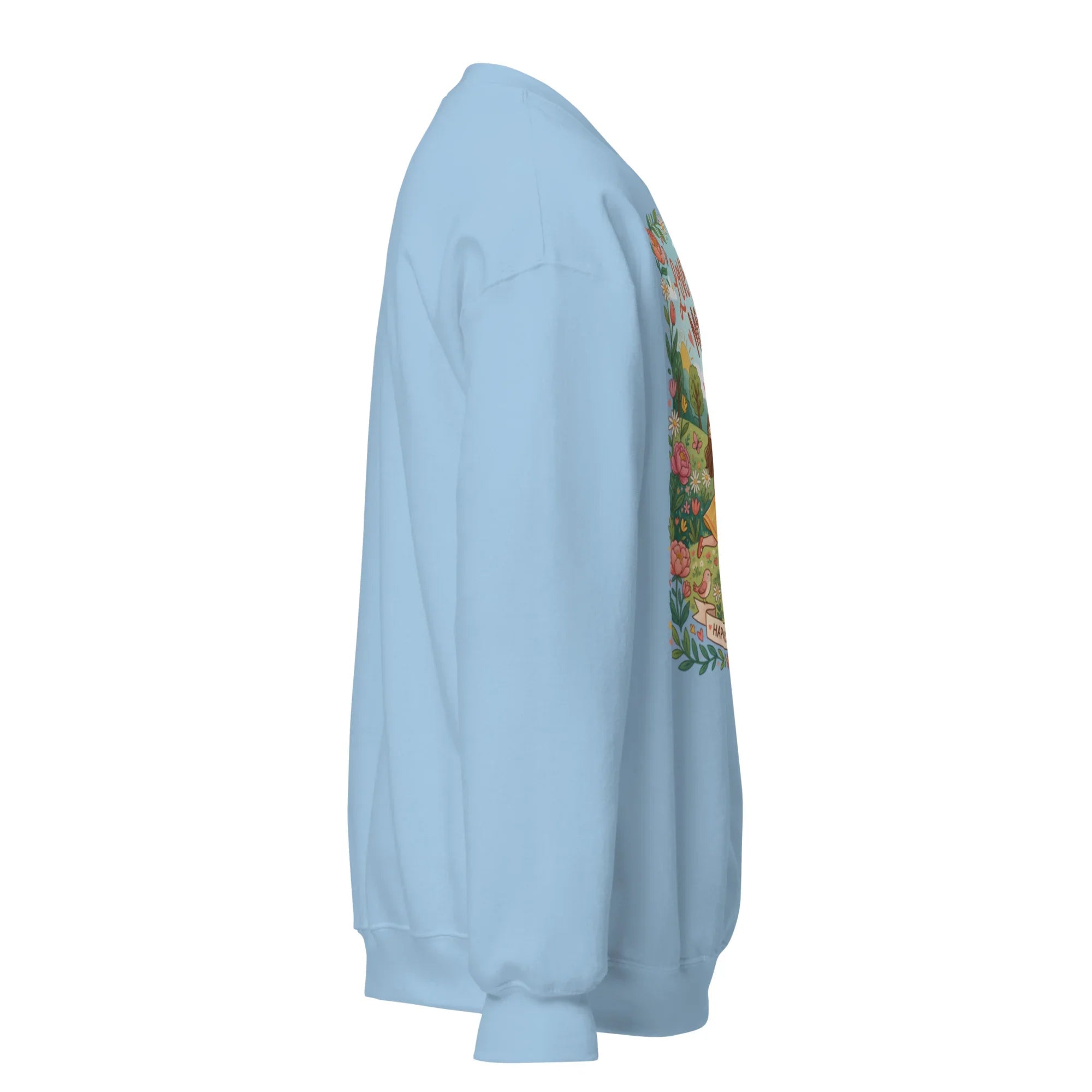 Light blue unisex crew neck sweatshirt with colorful front graphic, side view