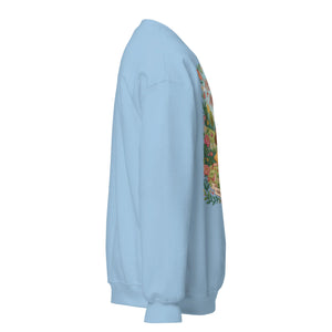 Light blue unisex crew neck sweatshirt with colorful front graphic, side view