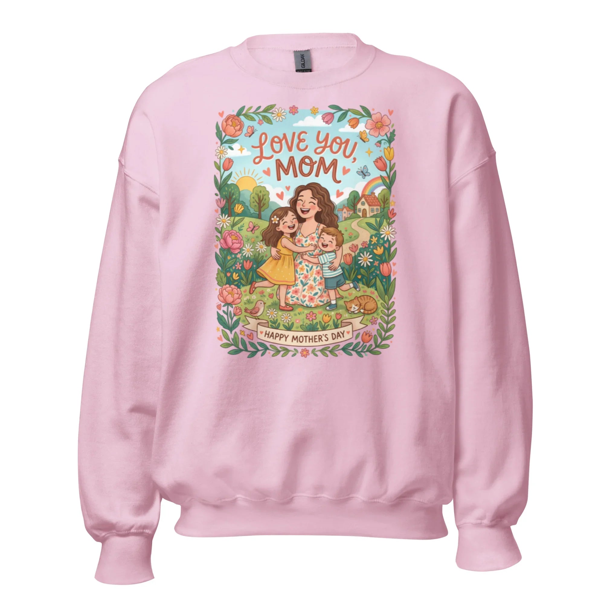 Light pink unisex crew neck sweatshirt with colorful 'Love You Mom' and 'Happy Mother's Day' floral graphic.