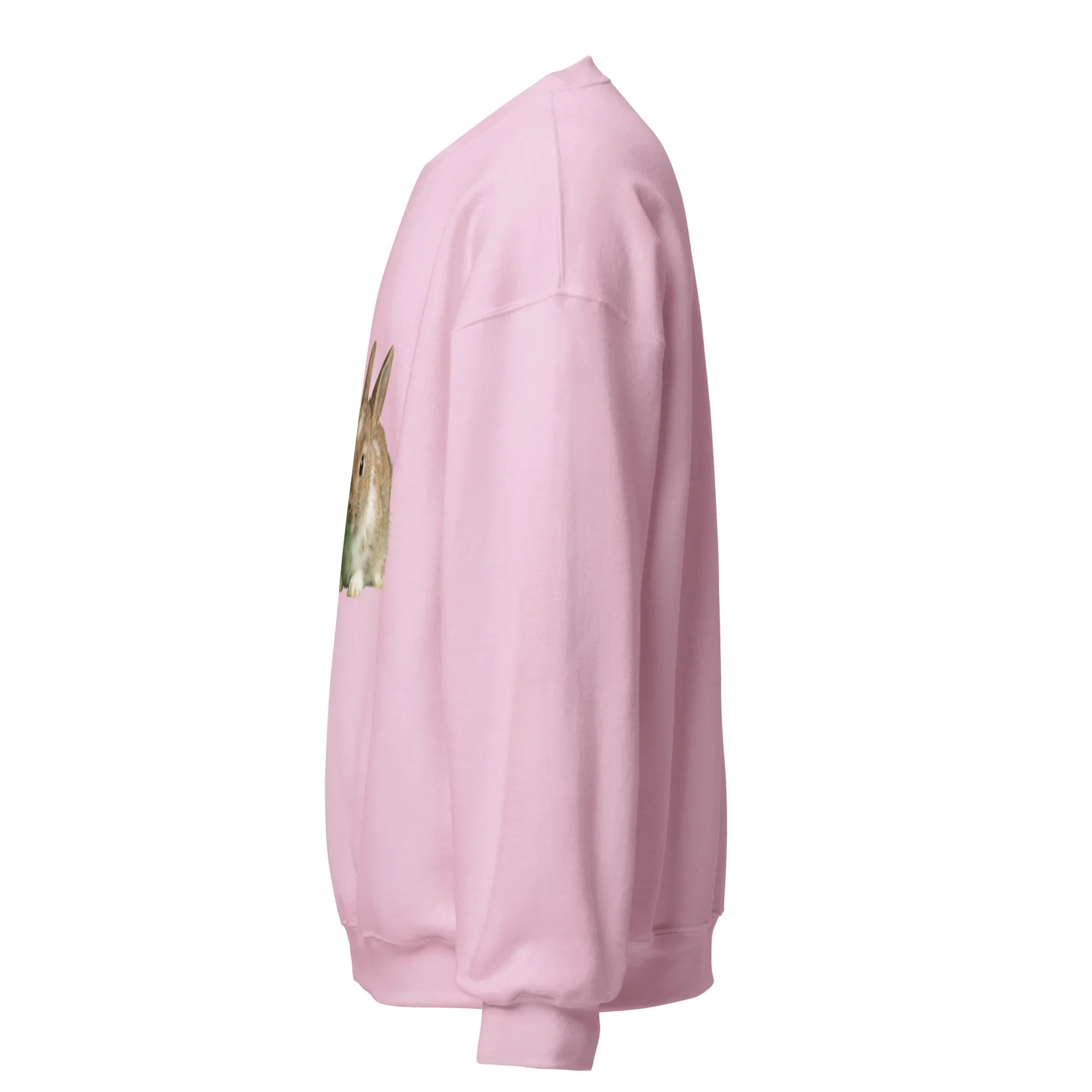 light pink unisex crew neck sweatshirt with cute bunny graphic on front, left side view