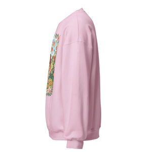 Light pink unisex crew neck sweatshirt with colorful front graphic, shown from the side