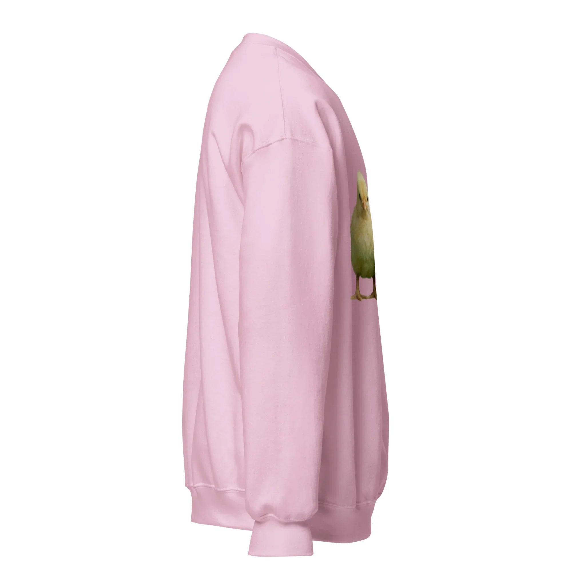 Light pink unisex crew neck sweatshirt with a cute duck graphic on the front, side view