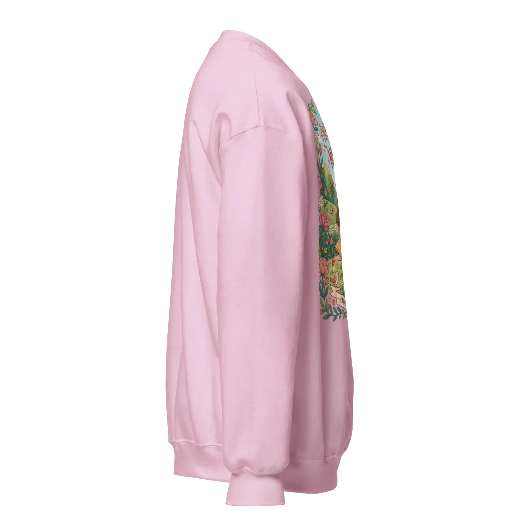 Light pink unisex crew neck sweatshirt with colorful front graphic, side view