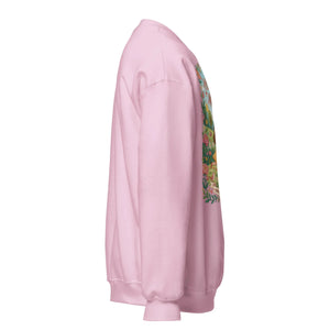 Light pink unisex crew neck sweatshirt with colorful front graphic, side view