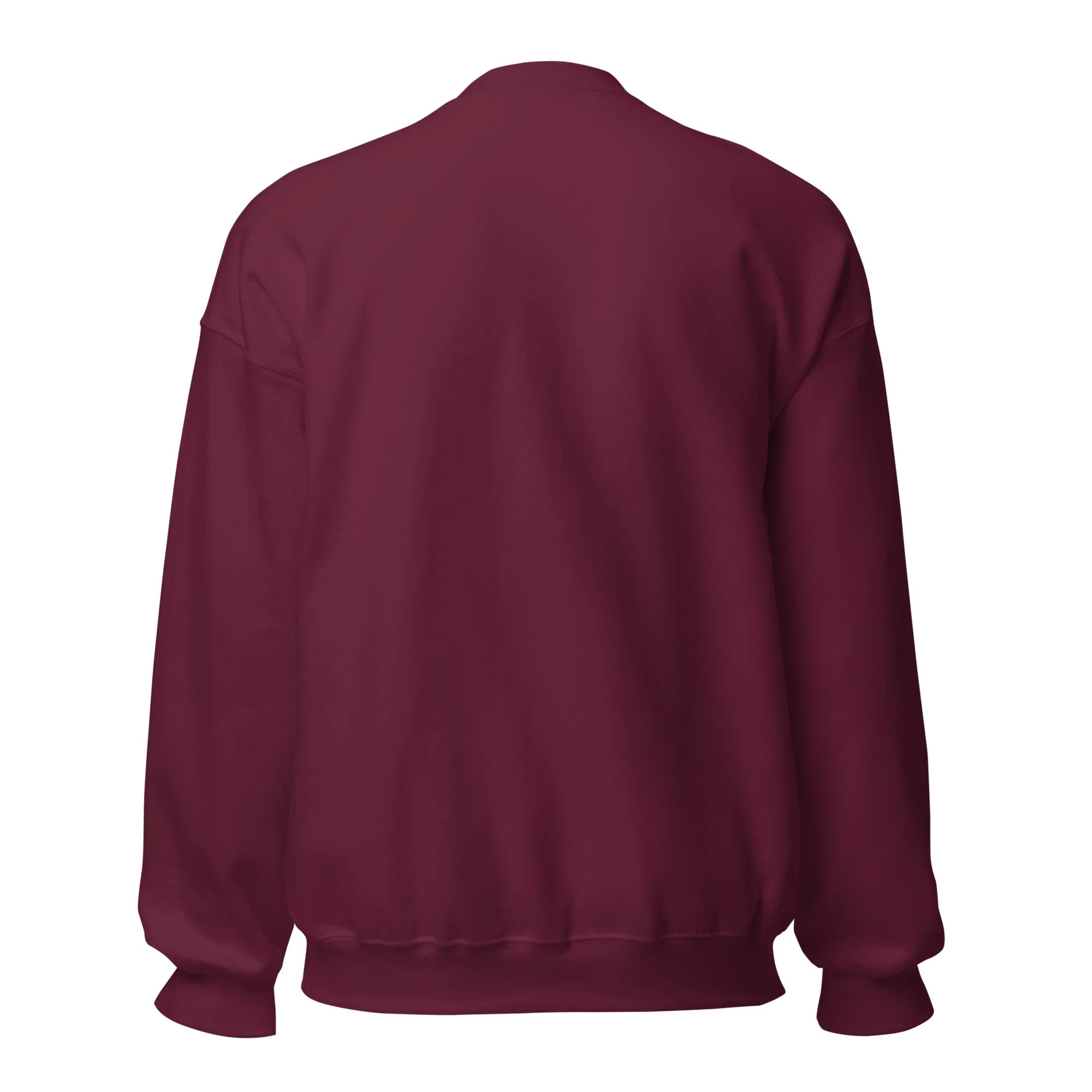 Unisex crew neck sweatshirt in maroon, back view, long sleeves, plain design