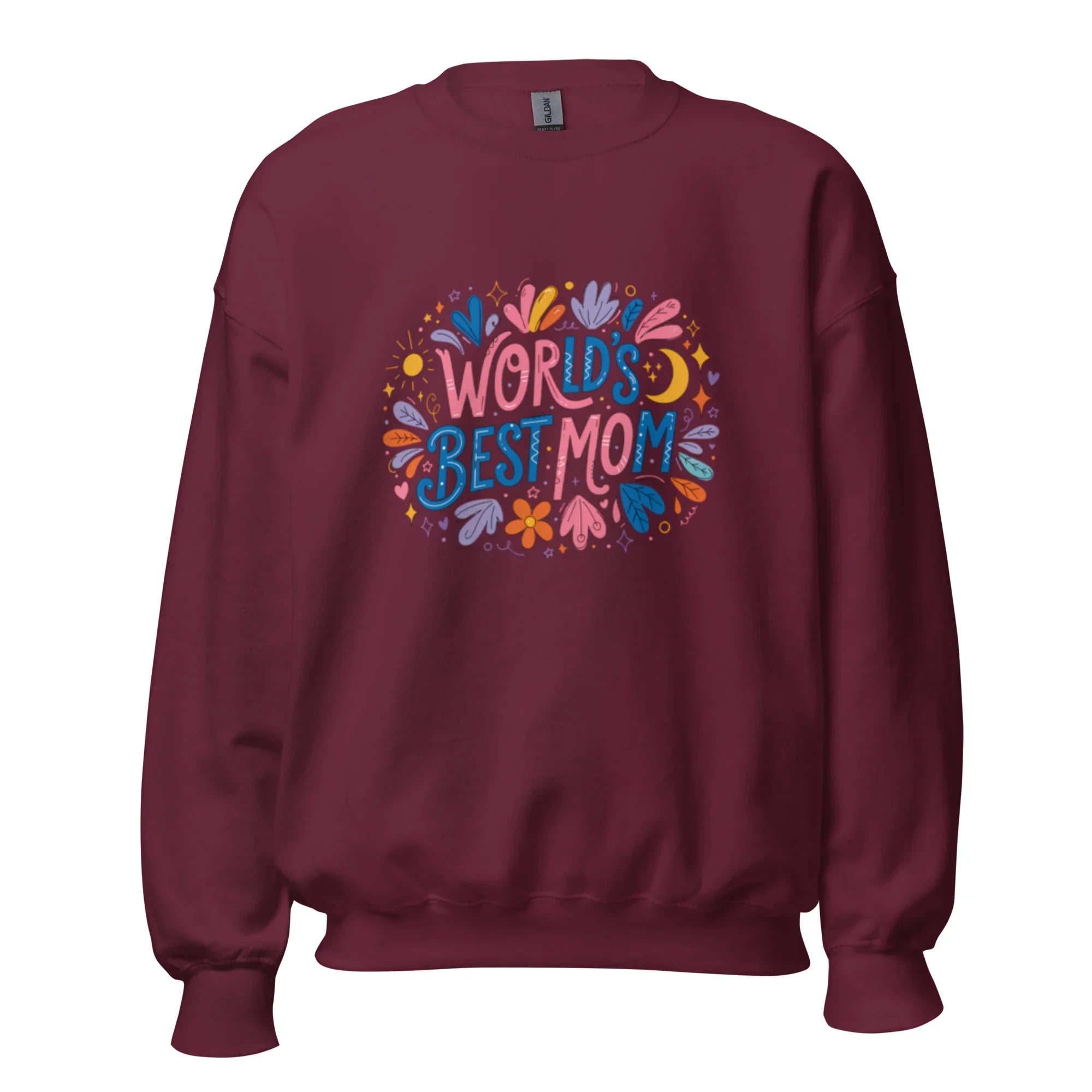 Maroon unisex crew neck sweatshirt with 'World's Best Mom' colorful graphic on front