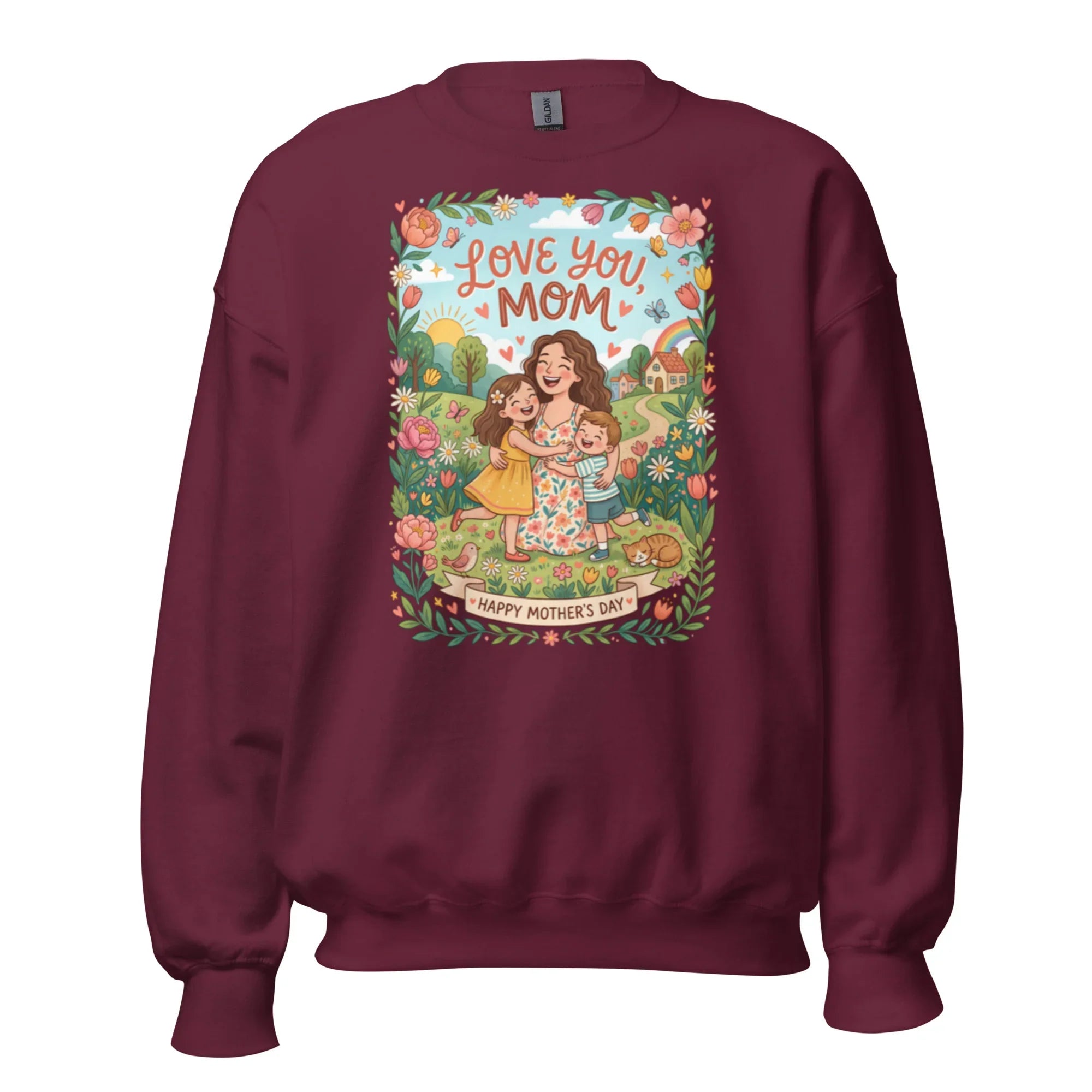 Maroon unisex crewneck sweatshirt with colorful Mother's Day illustration and 'Love You Mom' text