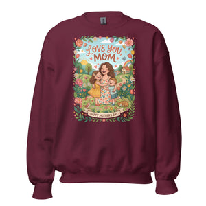 Maroon unisex crewneck sweatshirt with colorful Mother's Day illustration and 'Love You Mom' text