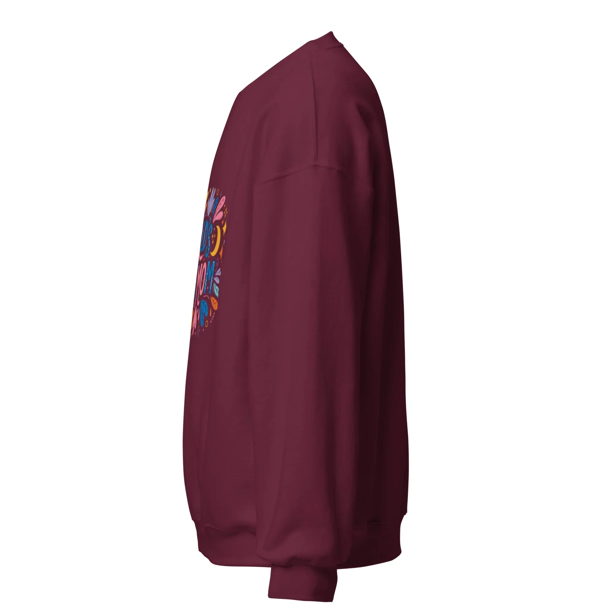 Maroon unisex crew neck sweatshirt with colorful graphic on chest, side view