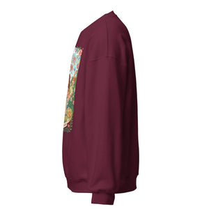 Unisex maroon crew neck sweatshirt with colorful front graphic, shown from side view