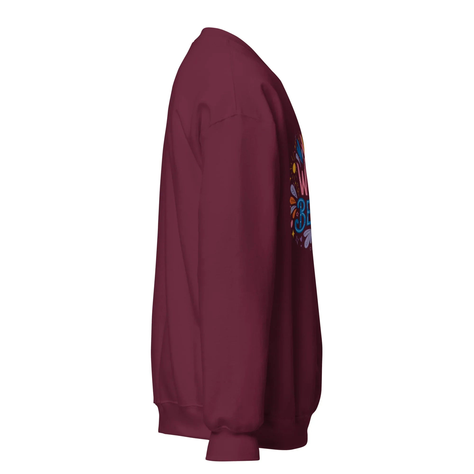 Unisex maroon crew neck sweatshirt with colorful graphic on front, right side view