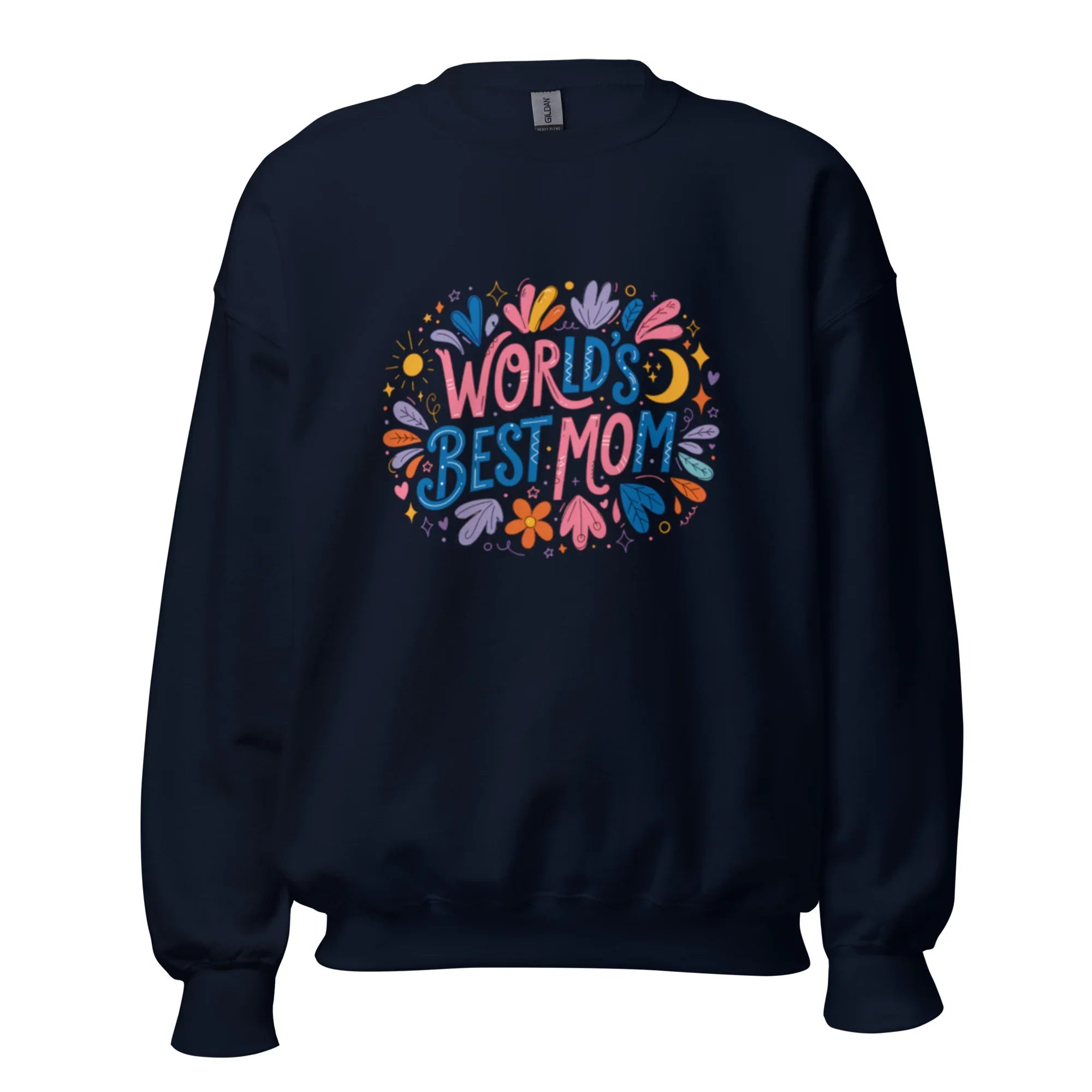Navy unisex crew neck sweatshirt with colorful 'World's Best Mom' graphic and floral accents.
