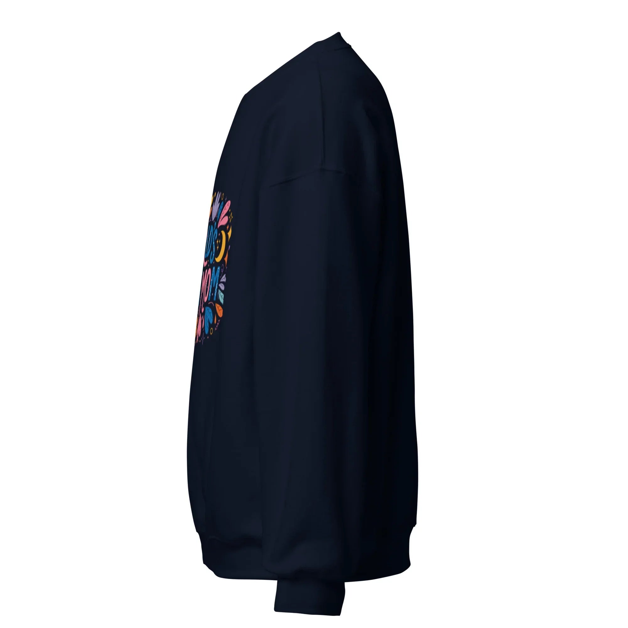 Unisex navy crew neck sweatshirt with colorful graphic design on front, left side view