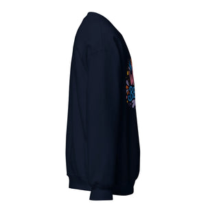 Navy unisex crew neck sweatshirt with colorful graphic print, side view
