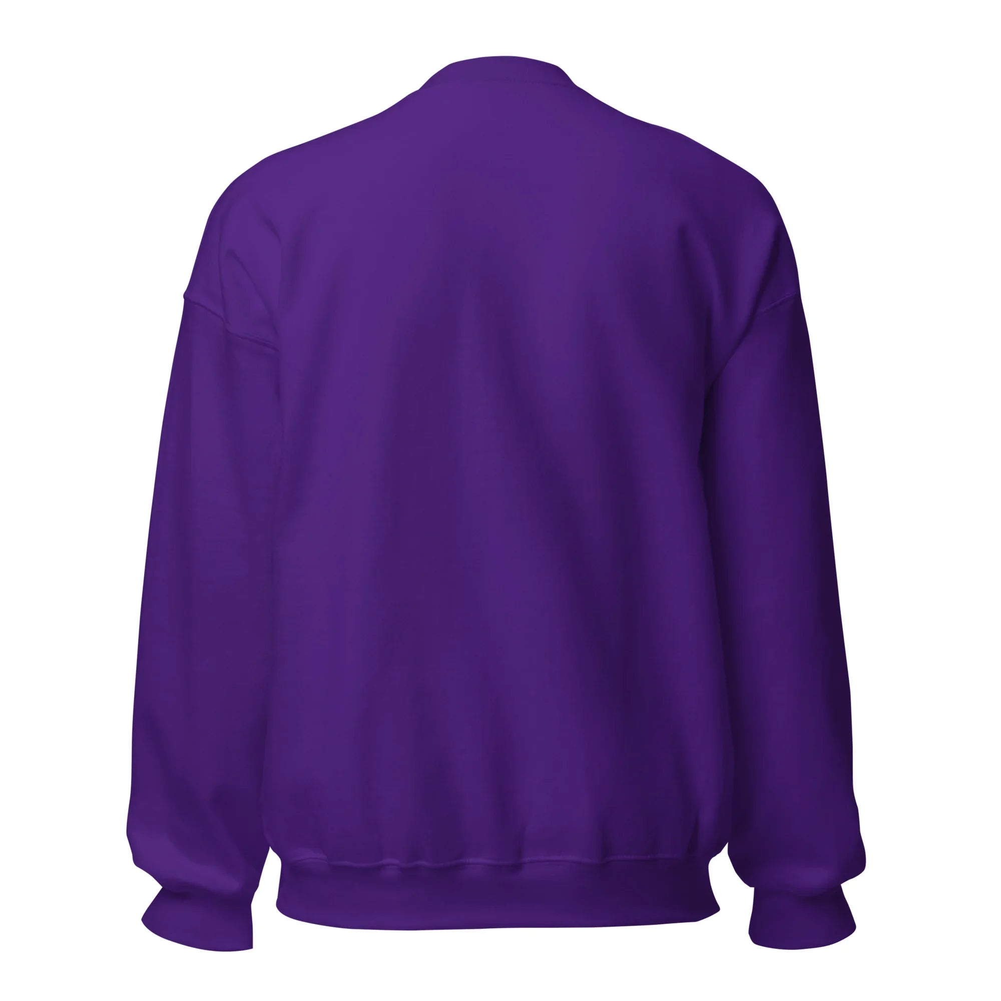 Back view of unisex purple crew neck sweatshirt with long sleeves and ribbed cuffs