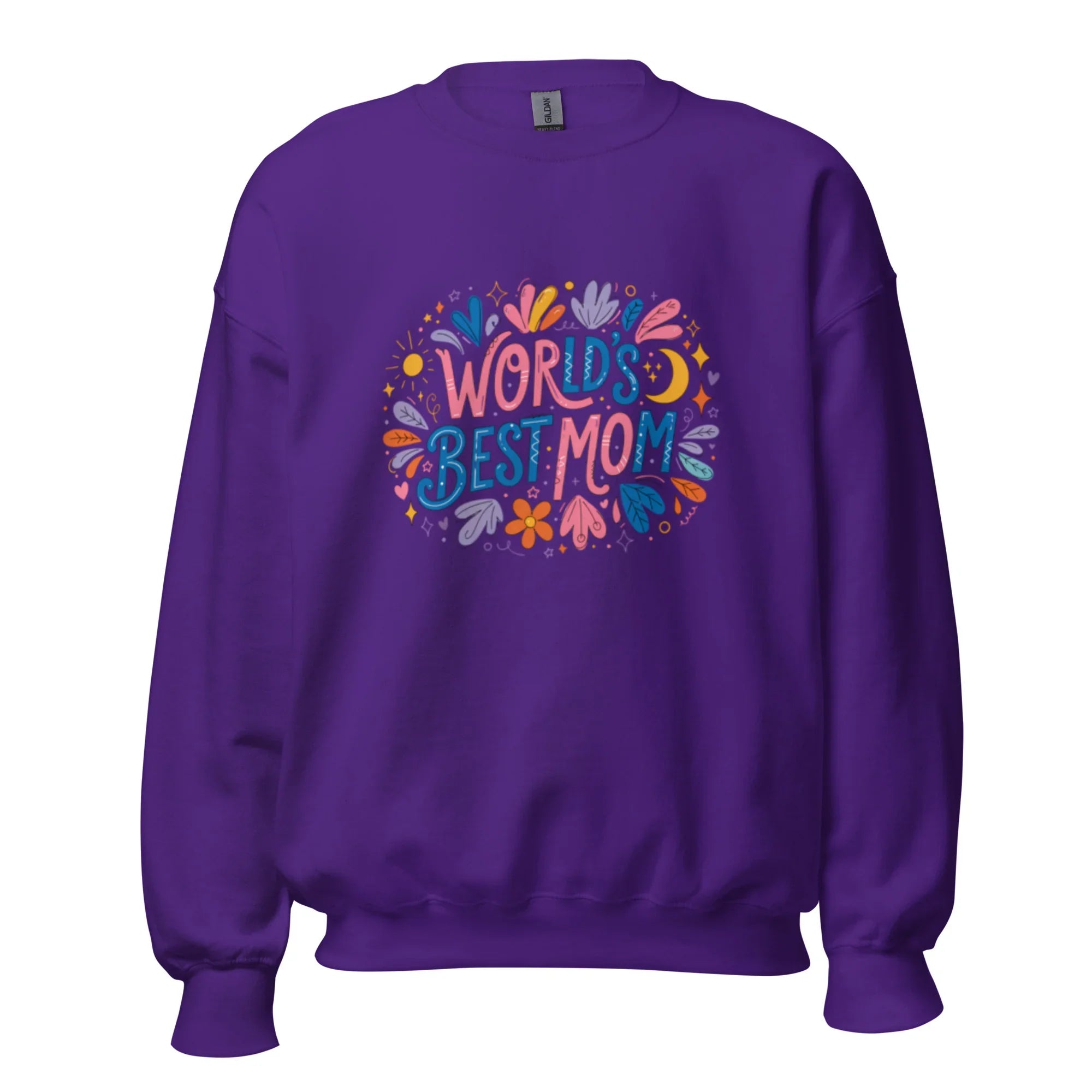 Purple unisex crewneck sweatshirt with colorful 'World's Best Mom' floral graphic