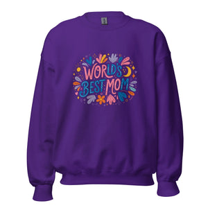 Purple unisex crewneck sweatshirt with colorful 'World's Best Mom' floral graphic