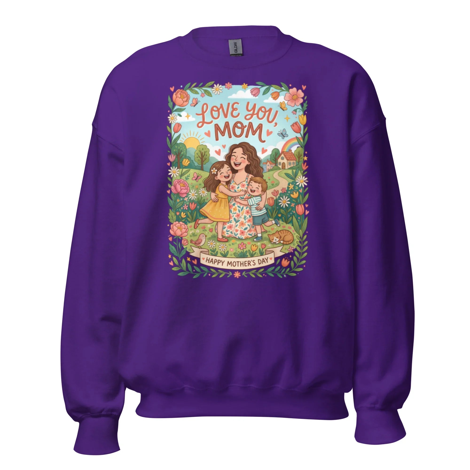 Purple crew neck sweatshirt with colorful Mother's Day illustration and 'Love You Mom' text.