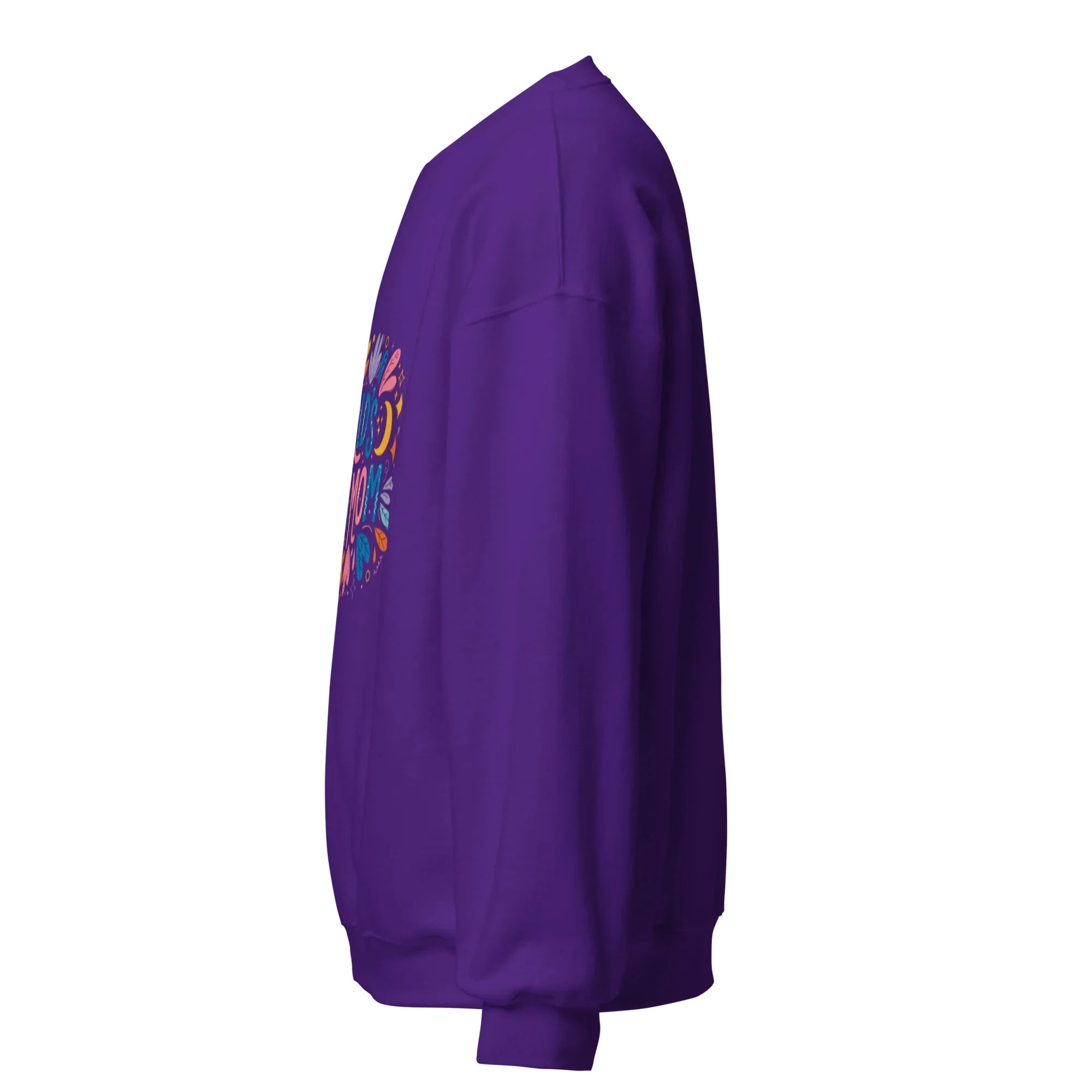 Purple unisex crew neck sweatshirt with colorful graphic design on front