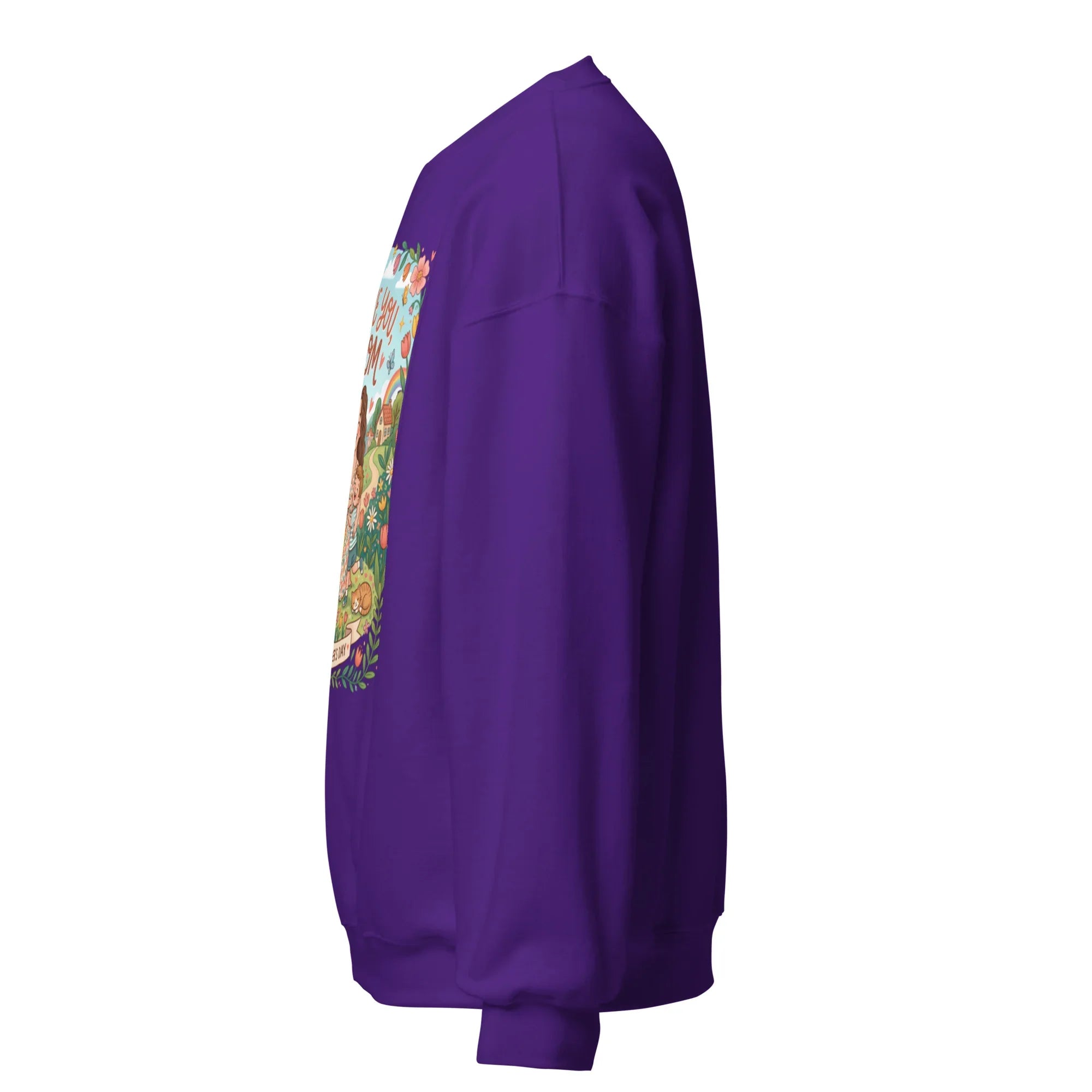 Purple unisex crew neck sweatshirt with colorful graphic on front, side view