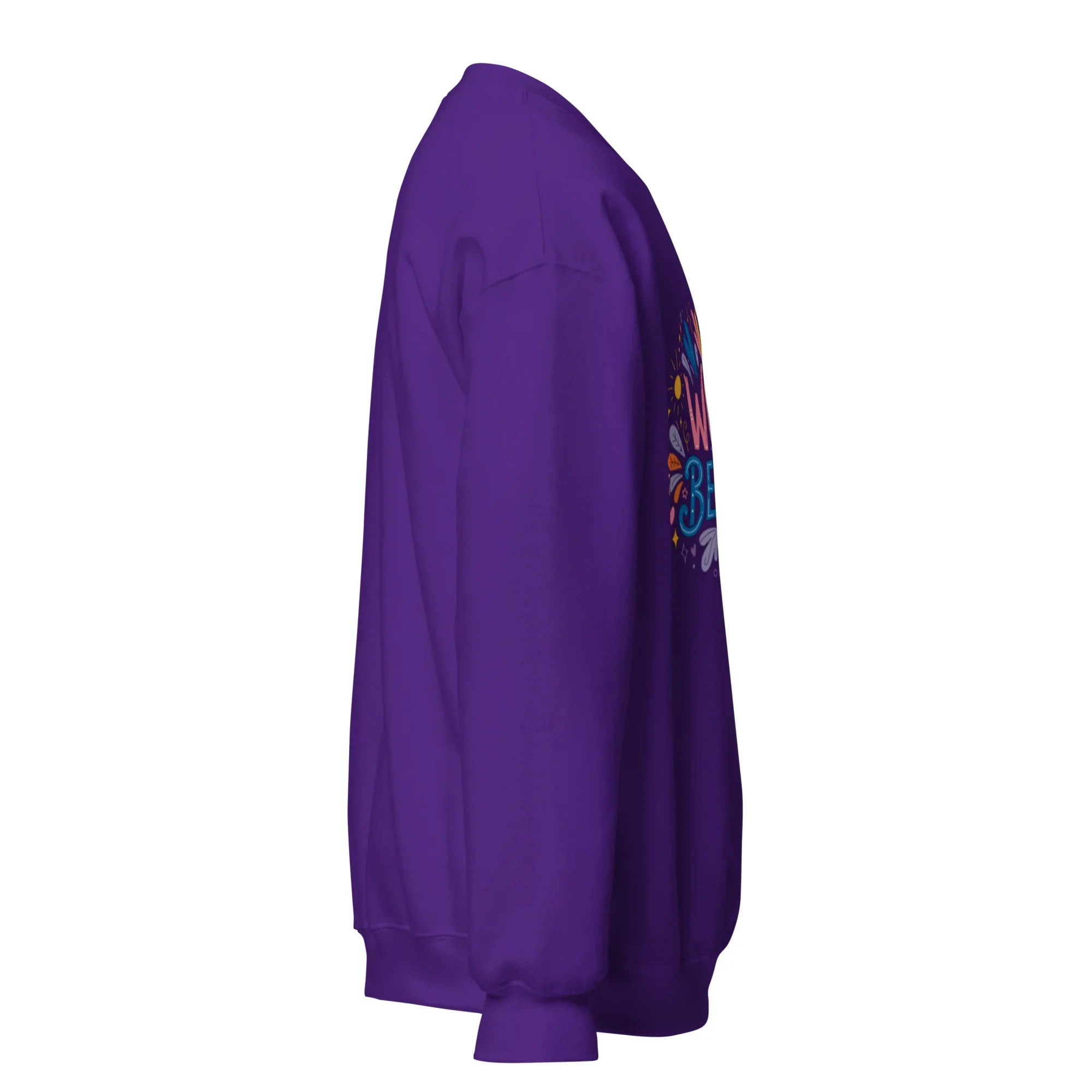 Unisex purple crew neck sweatshirt with colorful front graphic, side view
