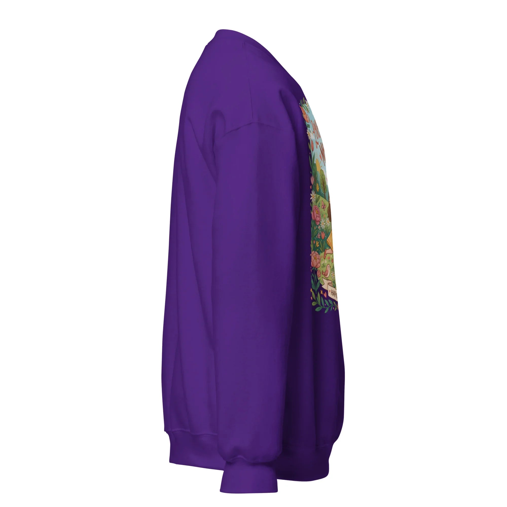 Unisex purple crew neck sweatshirt with colorful front graphic, side view