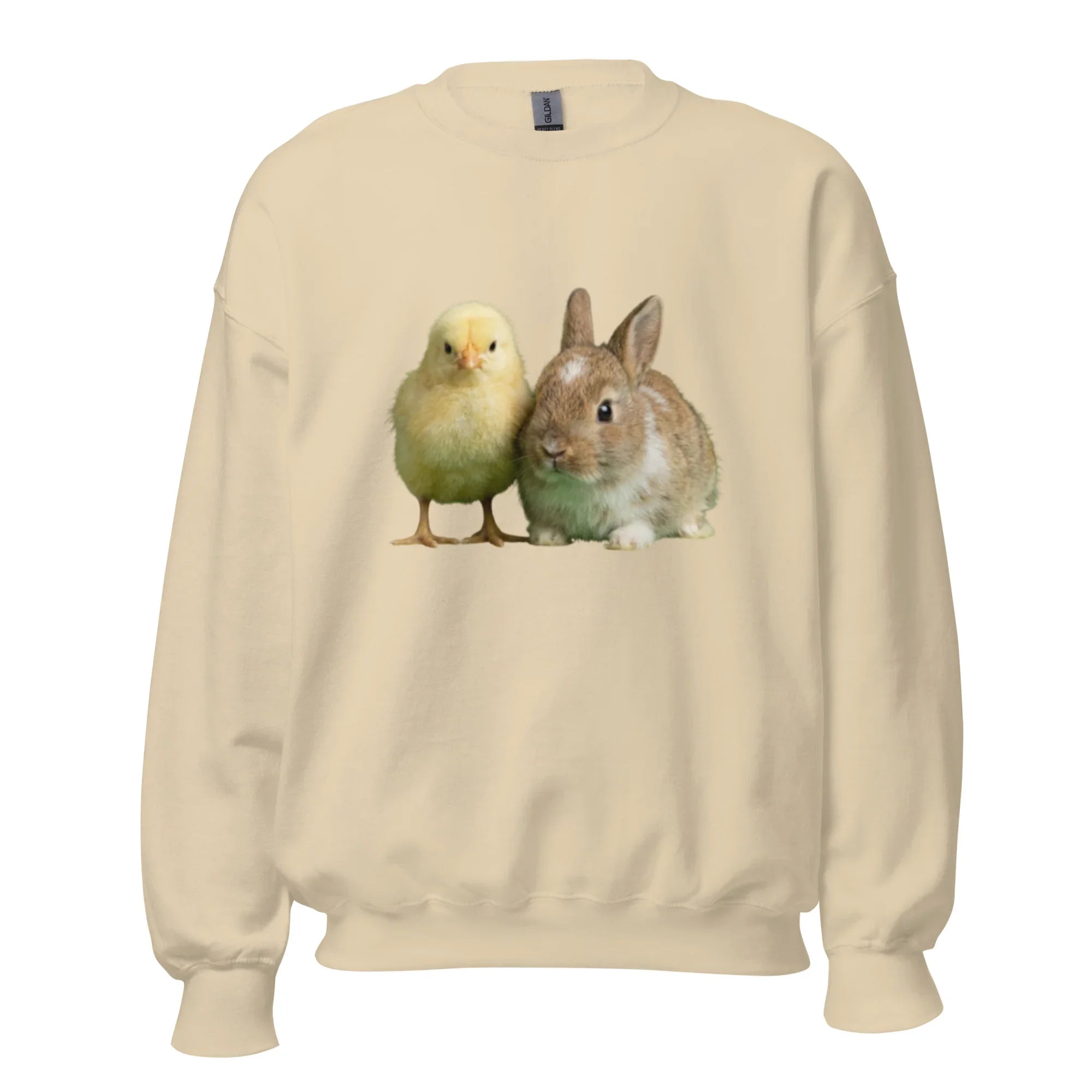 Sand crew neck sweatshirt with cute chick and bunny graphic on front