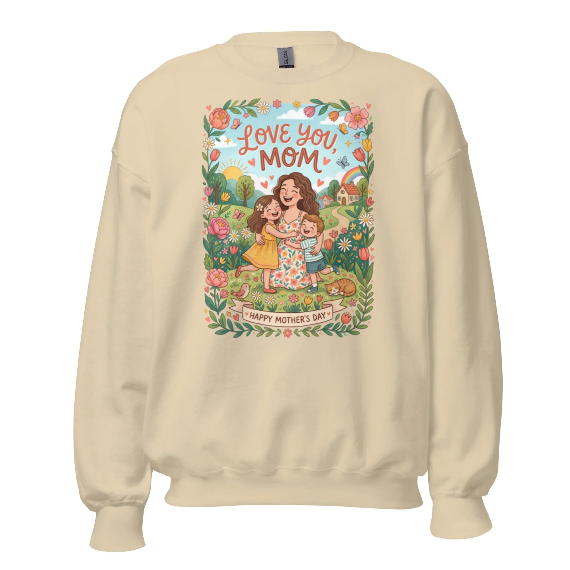 Beige crew neck sweatshirt with colorful Mother's Day illustration and 'Love You Mom' text