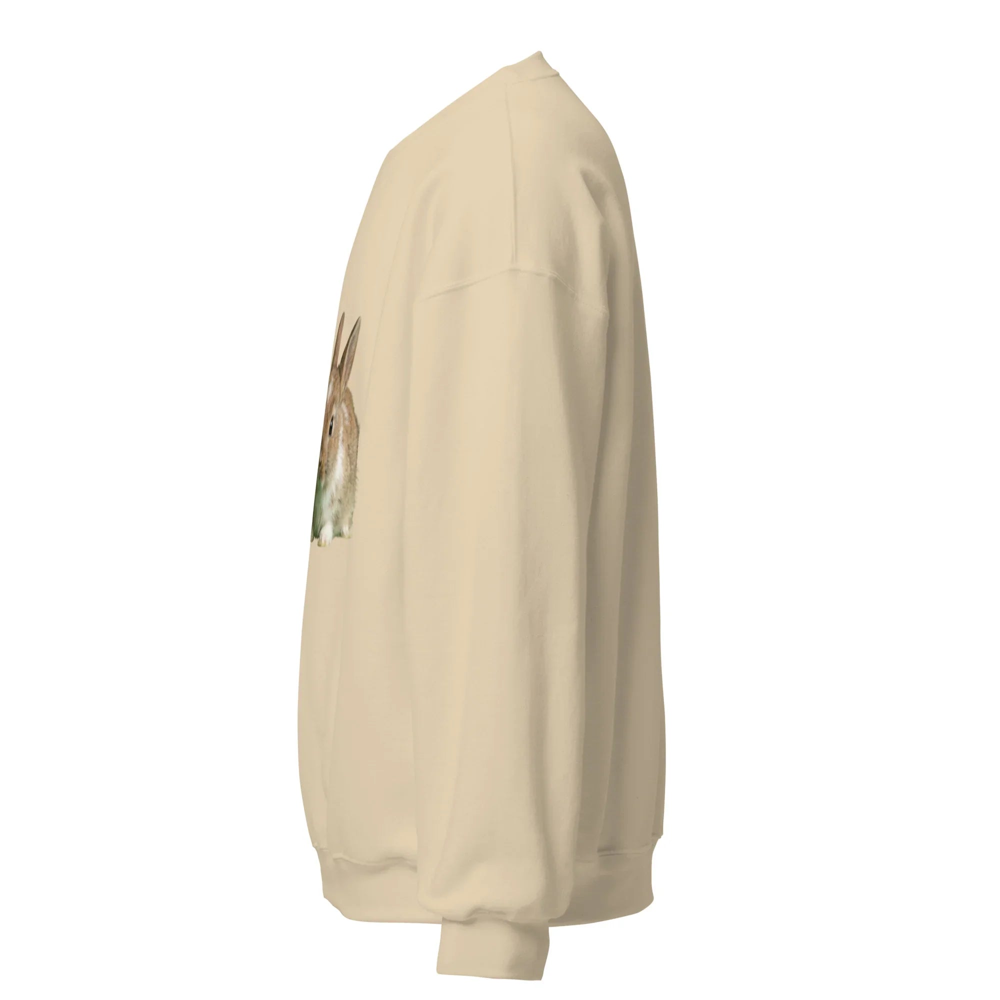 Sand crew neck sweatshirt with a rabbit graphic on the front, side view