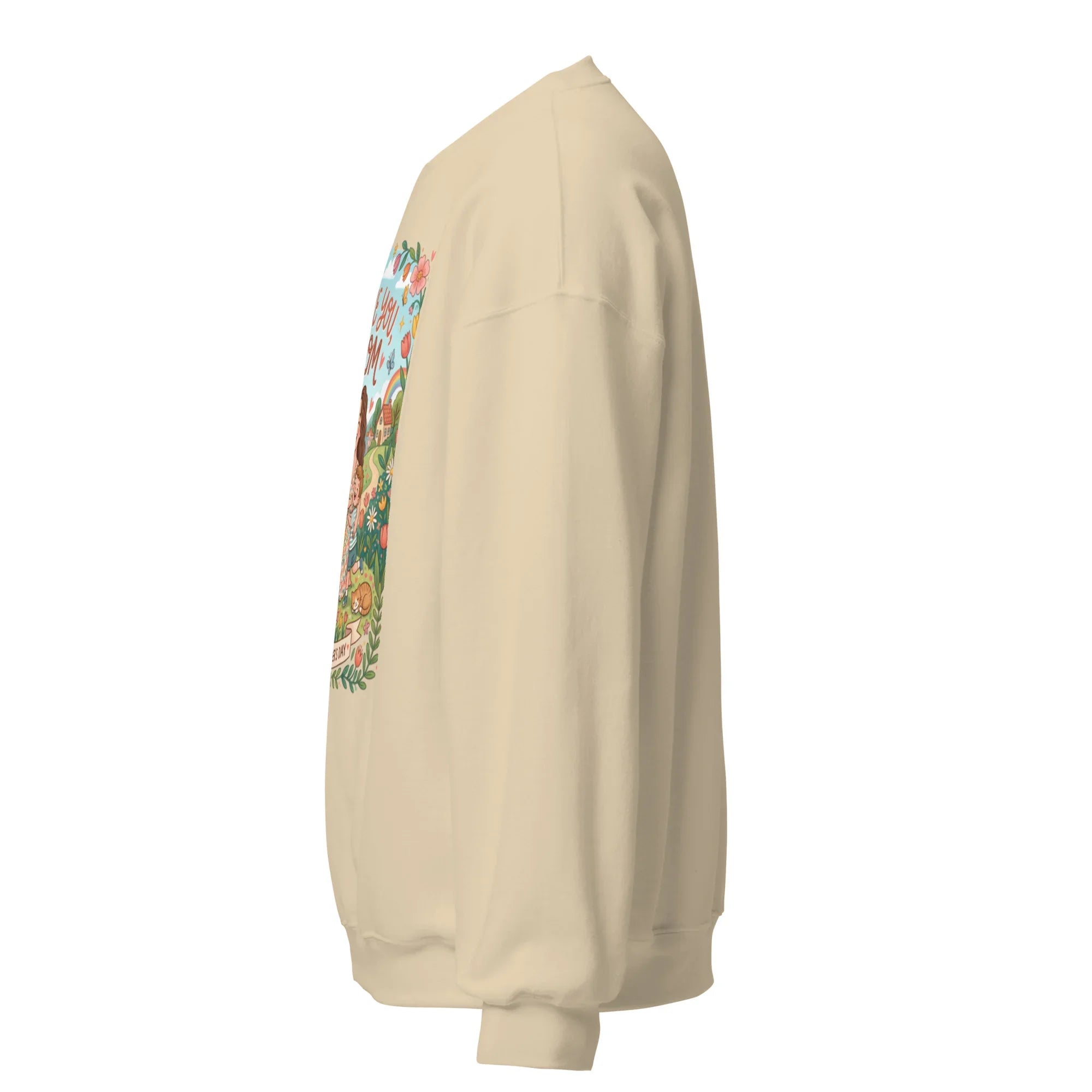 Unisex sand crew neck sweatshirt with colorful graphic on front, side view