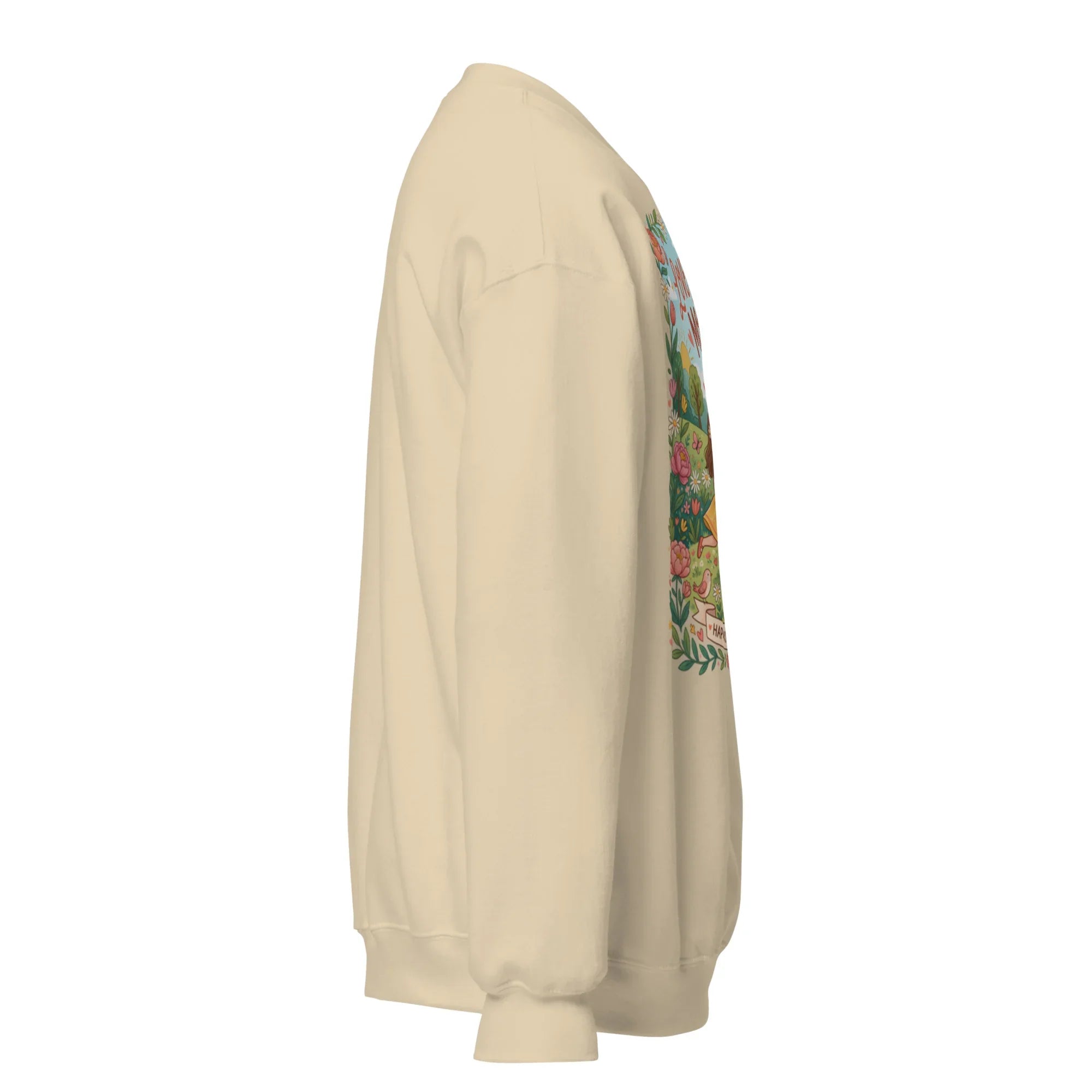 Unisex sand crew neck sweatshirt with colorful botanical graphic on front, side view
