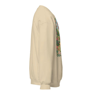 Unisex sand crew neck sweatshirt with colorful botanical graphic on front, side view