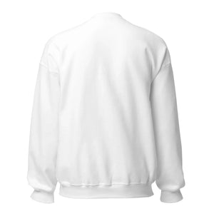 Unisex white crew neck sweatshirt back view, classic fit, long sleeves, plain design