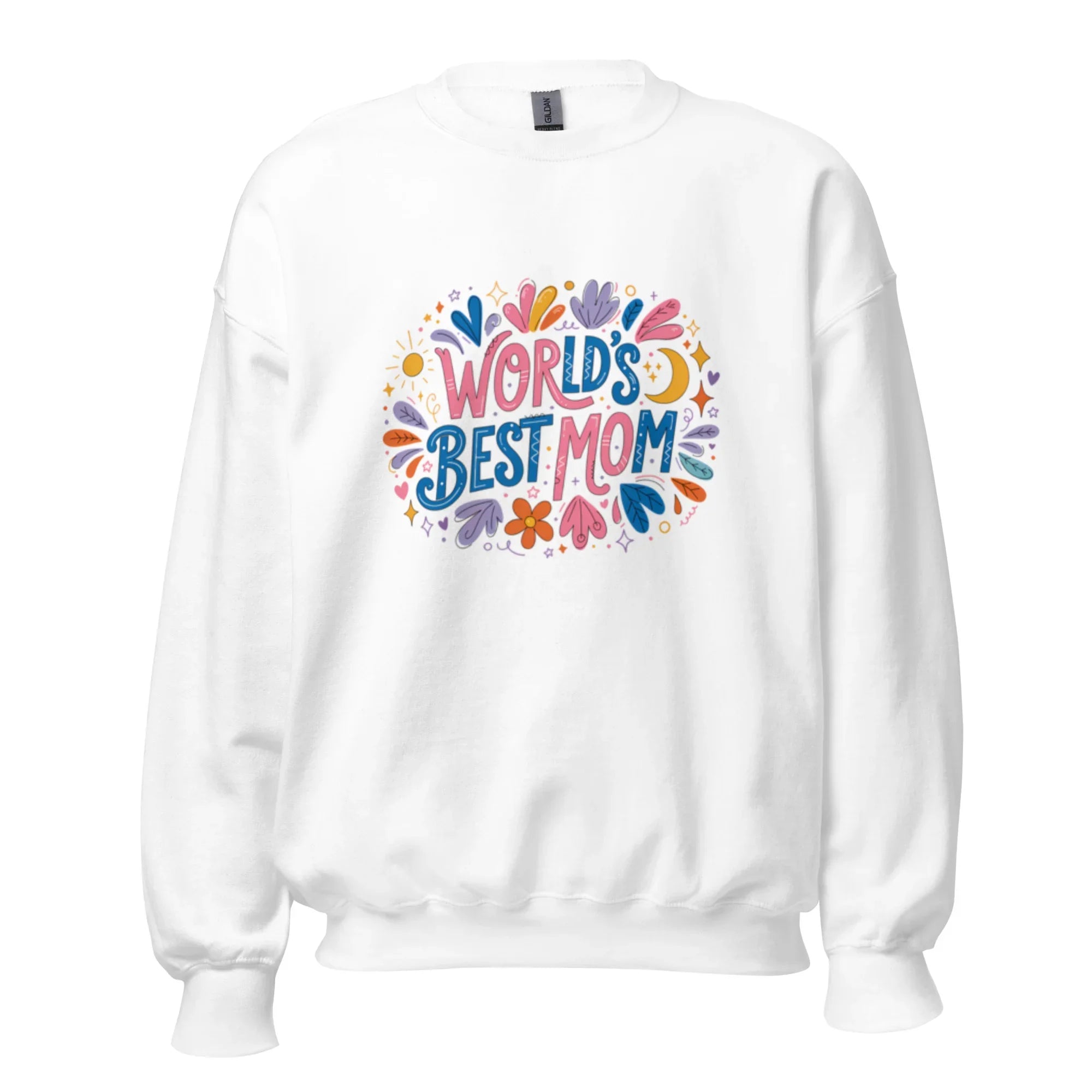 White unisex sweatshirt with colorful 'World's Best Mom' graphic and floral accents
