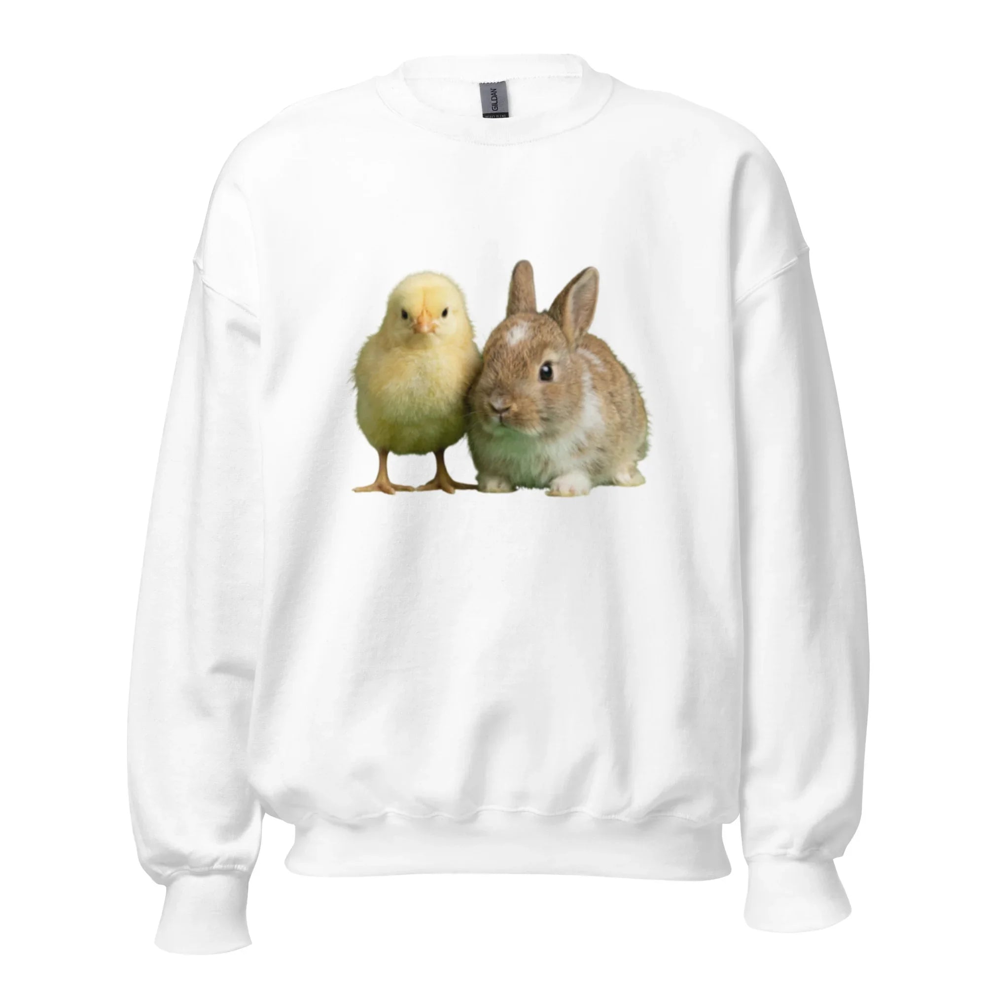 White crew neck sweatshirt with chick and rabbit graphic on front
