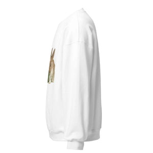White unisex crew neck sweatshirt with brown rabbit graphic on front, side view