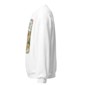 White unisex crew neck sweatshirt with colorful front graphic, side view