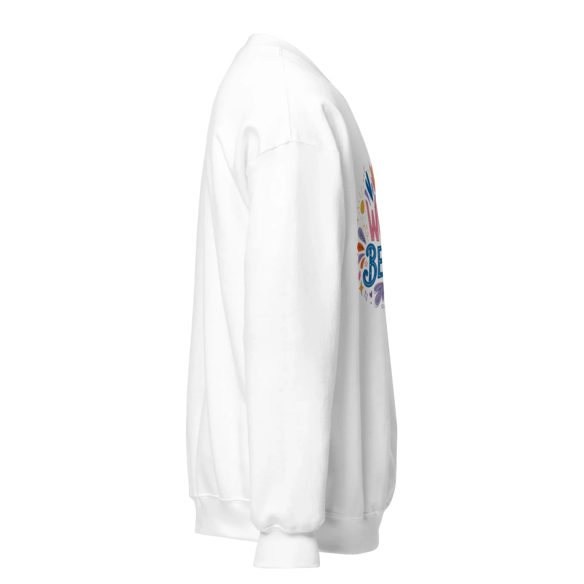 White unisex crew neck sweatshirt with colorful graphic design, side view