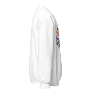 White unisex crew neck sweatshirt with colorful graphic design, side view