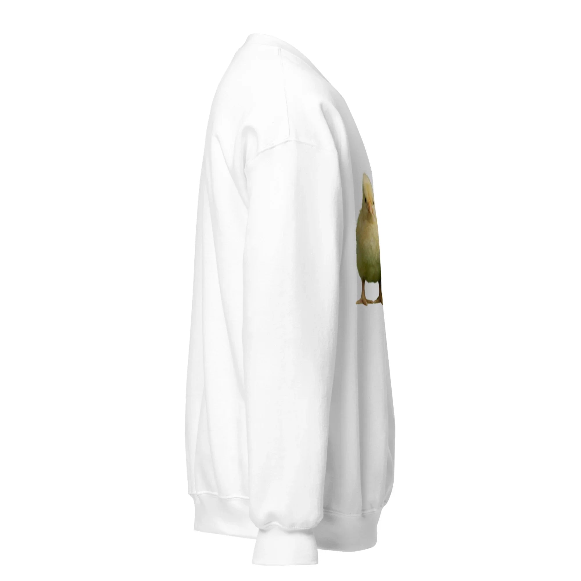 White unisex crew neck sweatshirt with cute duck graphic on front, side view