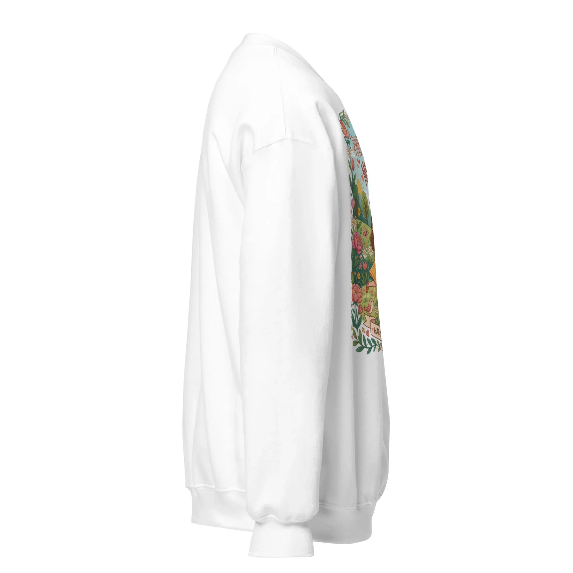 White unisex crew neck sweatshirt with colorful floral graphic, shown from the right side