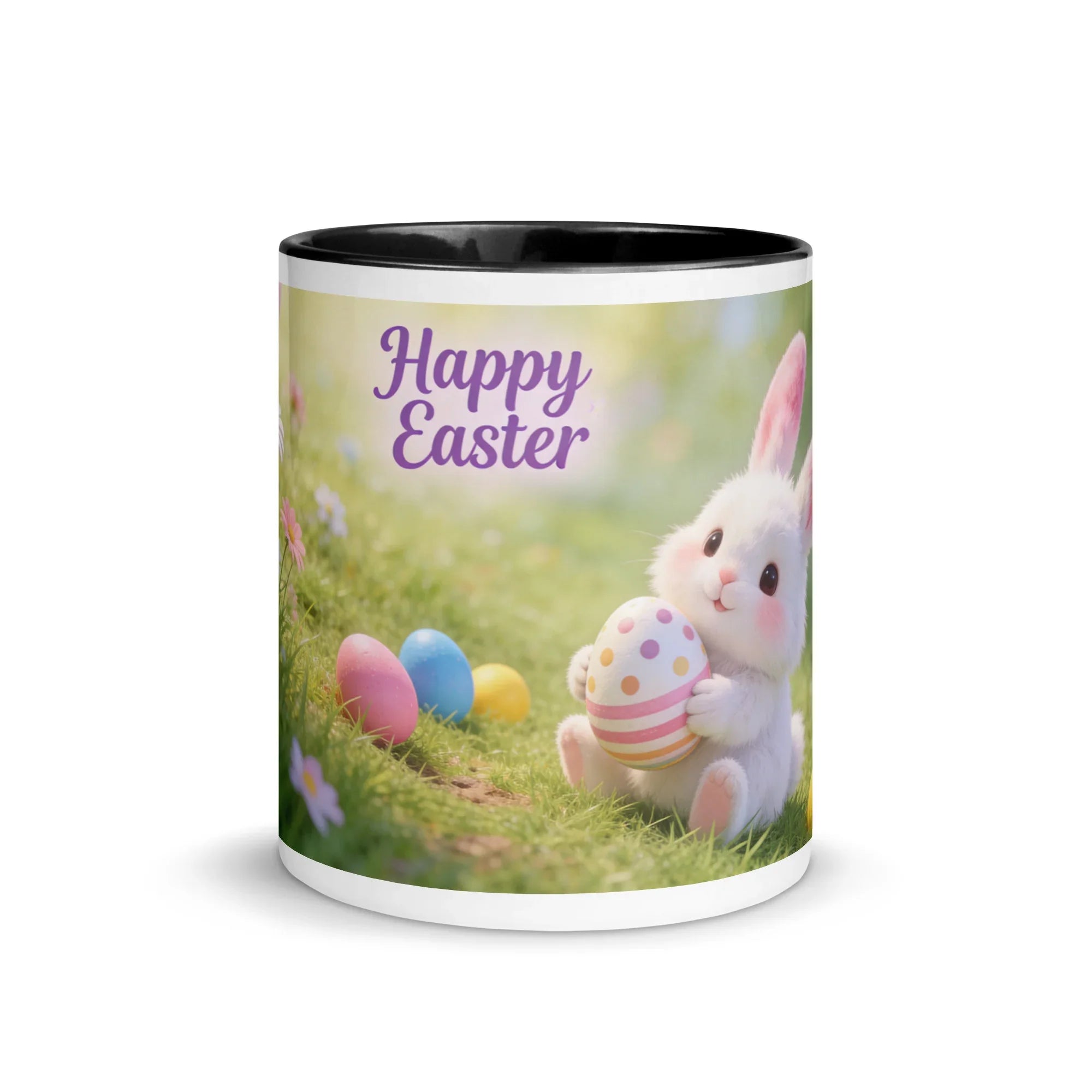White ceramic mug with black interior, featuring a cute bunny holding an Easter egg, colorful eggs, and 'Happy Easter' text.