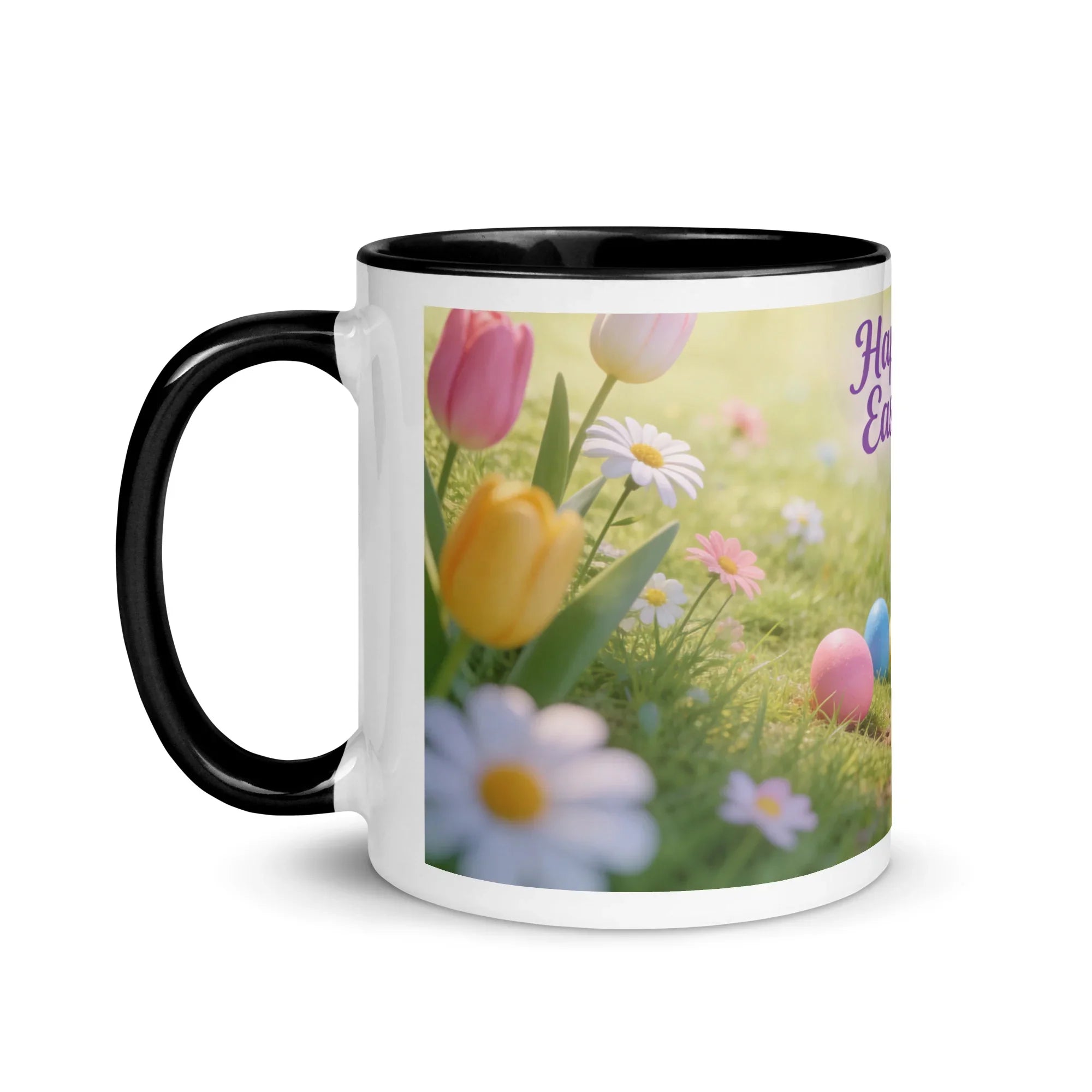 White ceramic mug with black handle and interior, featuring spring flowers and Easter eggs design