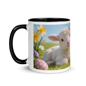 White ceramic mug with black handle, featuring a spring lamb, Easter eggs, and daffodils design