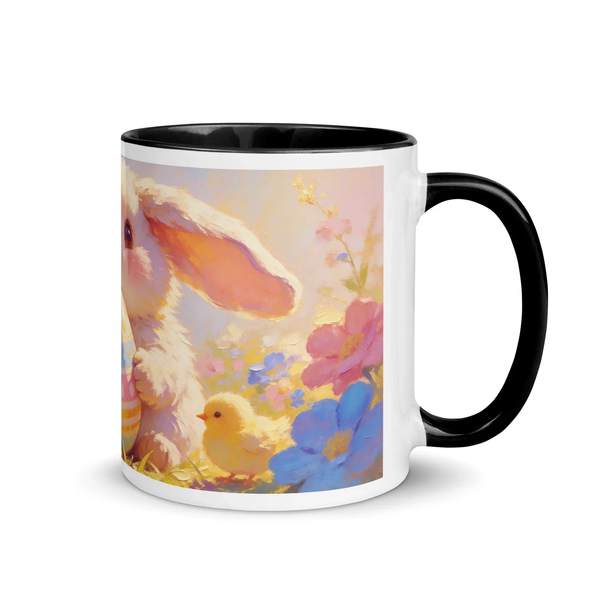 White ceramic mug with black handle and rim, featuring a cute bunny, chick, and colorful spring flowers.