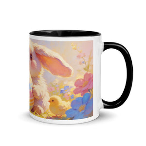White ceramic mug with black handle and rim, featuring a cute bunny, chick, and colorful spring flowers.