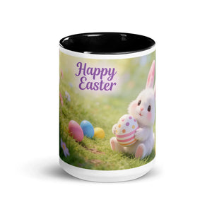 White ceramic mug with black interior featuring a cute bunny and Easter eggs outdoors, text 'Happy Easter'.